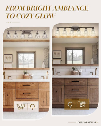 HWH Farmhouse Vanity Light Fixture, Rustic Bathroom Light Fixtures for Bedroom, 6-Light Wall Sconces Lights with Clear Floral Glass, Oil-Rubbed Bronze Finish, 5HJX110B-6W ORB