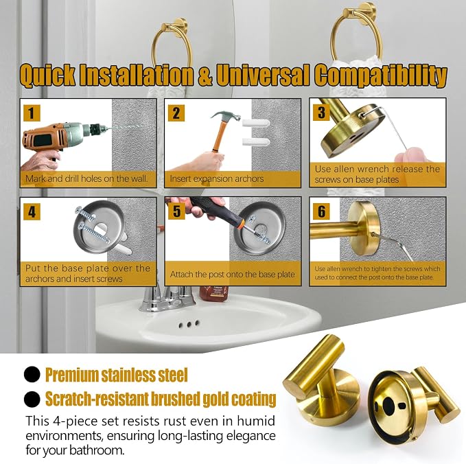 4Pcs Gold Bathroom Accessories Set, Brushed Gold Bathroom Hardware with Toilet Paper Holder,Towel Ring & Robe Hooks,Wall Mounted Stainless Steel Bathroom Hardware for Modern Home