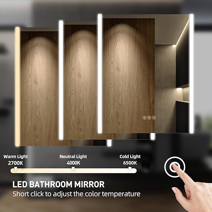 20 x 28 Inch Medicine Cabinet with Mirror and LED Light for Bathroom | Recessed, Wall-Mounted, Dimmable, Anti-Fog, Memory Function, 3 Color Mode, Outlet&USB, Adjustable Shelf, ETL Listed, Aluminum