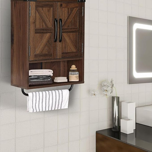 RUSTOWN Farmhouse Wall Storage Cabinet with Two Barn Door, Rustic Mounted Medicine Cabinet with Adjustable Shelf and Towel Bar, 3-Tier Wood Cabinet for Kitchen, Bathroom, Living Room (Dark Walnut)