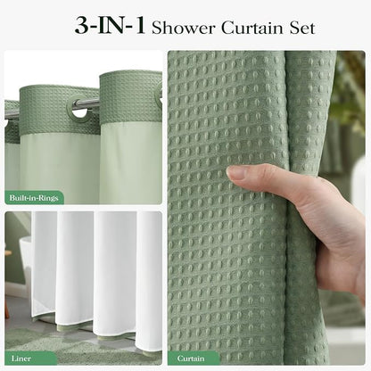 Sage Green Hook Free Waffle Shower Curtain & Snap-in Liner,36x75 | Less Time to install, 3 in 1 Fabric Shower Curtain and Liner Set with Magnets, Stall, Shower Curtains for Bathroom