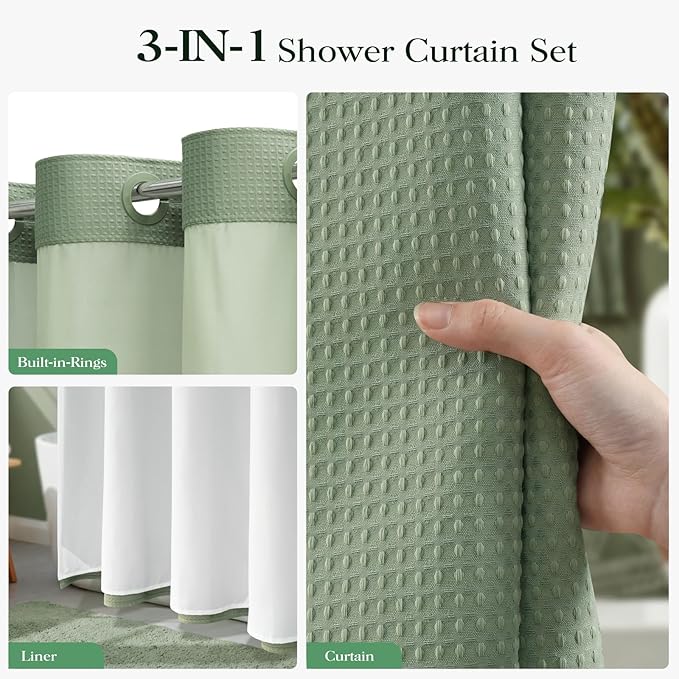 Sage Green Hook Free Waffle Shower Curtain & Snap-in Liner,72x75 | Less Time to install, 3 in 1 Fabric Shower Curtain and Liner Set with Magnets, Mesh Top Window, Shower Curtains for Bathroom
