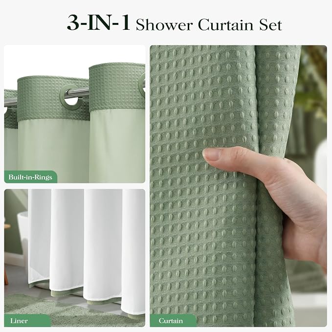 Sage Green Hook Free Waffle Shower Curtain & Snap-in Liner,72x81 | Less Time to install, 3 in 1 Fabric Shower Curtain and Liner Set with Magnets, Long, Shower Curtains for Bathroom