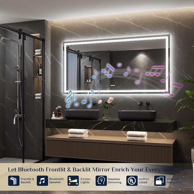 Keonjinn 72" x 36" LED Bathroom Mirror with Lights, Bluetooth Speaker | Frontlit & Backlit Bluetooth Mirror Bathroom, Dimmable 3-Color Lights, HD Tempered Glass, Dimmable, Fast Defogging, CRI90+