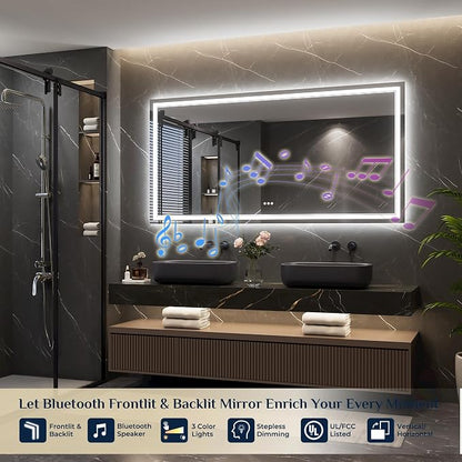 Keonjinn 72" x 36" LED Bathroom Mirror with Lights, Bluetooth Speaker | Frontlit & Backlit Bluetooth Mirror Bathroom, Dimmable 3-Color Lights, HD Tempered Glass, Dimmable, Fast Defogging, CRI90+