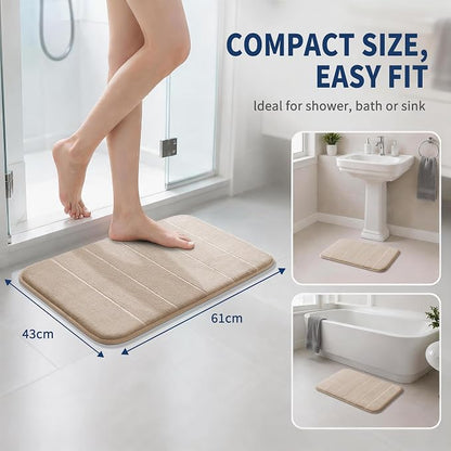 Yimobra Memory Foam Bath Mat, Soft Absorbent Bathroom Rug, 24x17, Beige | Non Slip Backing, Quick Dry, Machine Washable Bath Rug for Tub & Shower Areas, Durable Design That Complements Bathroom Decor