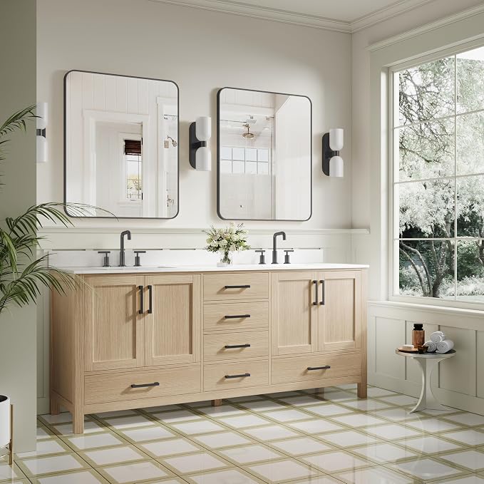 80-Inch Bathroom Vanity with Sink, 4 Soft-Close Doors and 6 Soft-Close Drawers, Bathroom Freestanding Vanity with Cultured Marble Countertop, Oak Vanity with Matte Black Handles