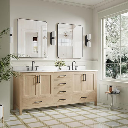 80-Inch Bathroom Vanity with Sink, 4 Soft-Close Doors and 6 Soft-Close Drawers, Bathroom Freestanding Vanity with Cultured Marble Countertop, Oak Vanity with Matte Black Handles
