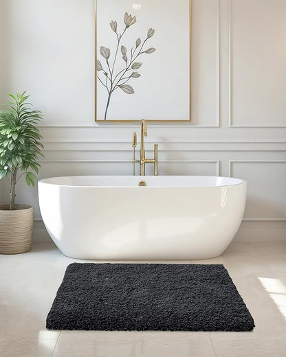 ILANGO Black Bathroom Rugs 24" × 17" Small Non Slip & Super Absorbent Extra Thick Soft, Washable Bath Mat for Floor, Microfiber Plush Shaggy Bath Rug with Rubber for Bathtub Shower Room Sink