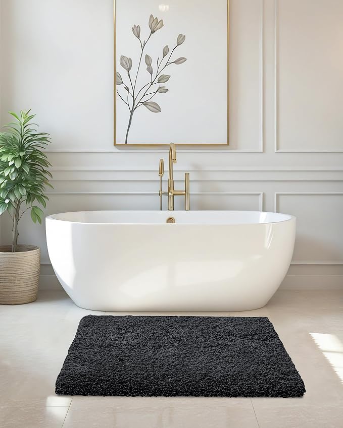 ILANGO Black Bathroom Rugs 30" × 20" Non Slip & Super Absorbent Extra Thick Soft, Washable Bath Mat for Floor, Microfiber Plush Shaggy Bath Rug with Rubber for Bathtub Shower Room Sink