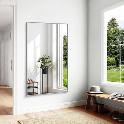 KOCUUY Silver Bathroom Mirror, 60"x36" Large Rectangle Bathroom Mirror for Wall, HD Tempered Glass, Anti-Rust Brushed Silver Frame, Modern Design for Bathroom, Bedroom, Hang Horizontal/Vertical