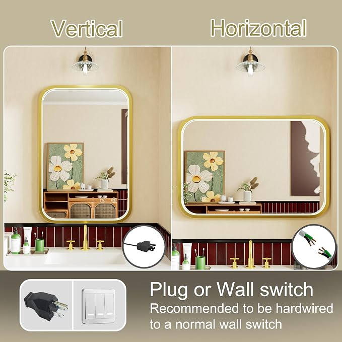 16x24 Inch Gold LED Bathroom Mirror with 3000K/4500K/6000K Lights | Stepless Dimmable, Memory Funtion, Anti-Fog, Aluminum Frame Wall Mounted Lighted Vanity Mirror, ETL Listed, IP54 Waterproof