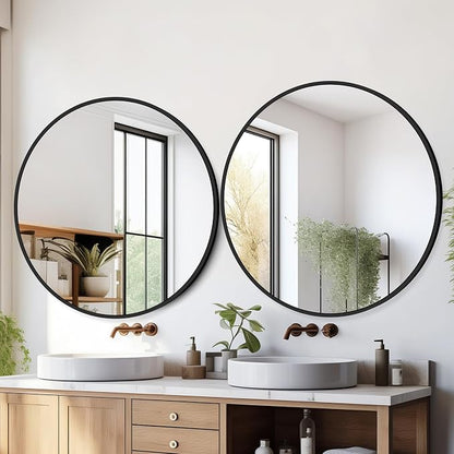 30 Inch Black Round Circle Mirror for Bathroom Wall, Metal Frame | HD tempered glass for clear, distortion-free reflection. Mounting hardware included for vertical or horizontal wall mount.