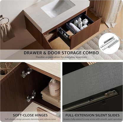 36” Floating Bathroom Vanity with Sink, Wall-Mounted Cabinet with Drawer & Doors, Roma Travertine-Pattern Countertop, Undermount Basin, Single Faucet Hole, Soft-Close, Pre-Assembled, Brown Oak