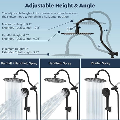 Hibbent All Metal CUPC Certified Shower Head, 10'' High Pressure Rainfall Shower Head, Handheld Showerhead Combo with 12'' Adjustable Extension Arm, 10-Spray, 71'' Hose, Shower Holder, Matte Black
