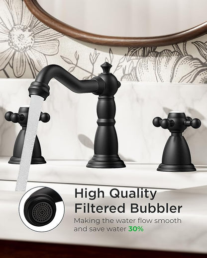 FORIOUS Matte Black 3 Hole Brass Vintage Farmhouse Bathroom Faucet, 8 Inch Widespread Bathroom Faucets 2 Cross Handles with Metal Pop Up Drain and Supply Hoses, for RV Vanity