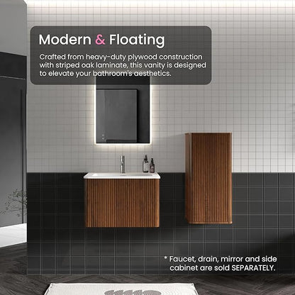 24 Inch Bathroom Vanity with Sink, Modern Floating Vanity with Push Open Drawer, Large Storage for Small Space, Apartment, Hotel, Walnut, Fully Assembled - Camellia Collection