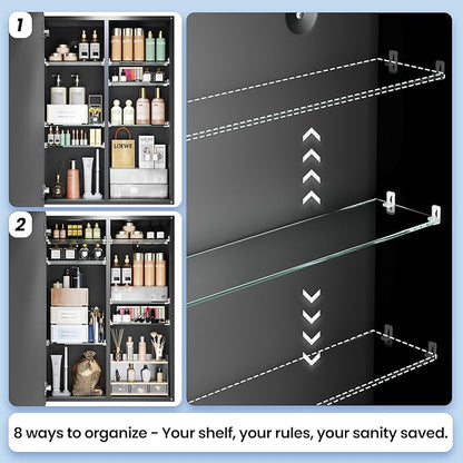Large Bathroom Medicine Cabinet 24x32 Inch, Oversized Mirror with Storage, Heavy Duty Aluminum Construction, 6 Tempered Glass Shelves, Rust Proof Master Bath Organizer, Matte Black