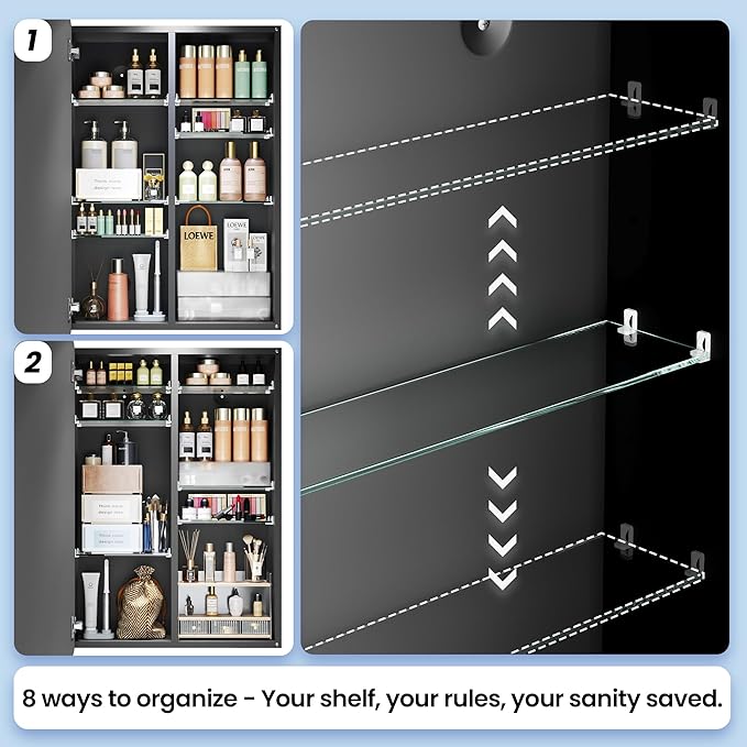 Modern Bathroom Mirror with Storage 16x24 Inch, Matte Black Aluminum Medicine Cabinet, Recessed or Surface Mount, 6 Adjustable Glass Shelves, Waterproof Vanity Organizer, DTC Hinges