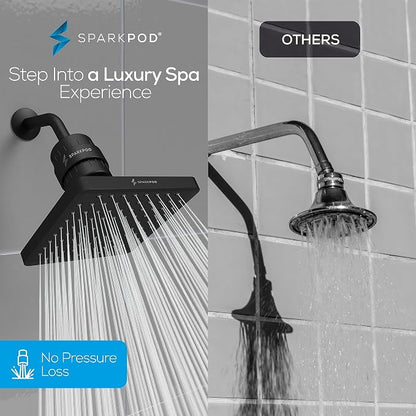 SparkPod Filtered Shower Head, 23-Stage, 8" Square, Black Matte | Showerhead for Hard Water, High Pressure, Reduces Chlorine, Heavy Metals, For Dry Skin & Hair, Removable Capsule Filter