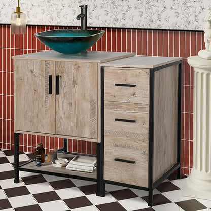 UEV 36" Bathroom Vanity, Oak Color Bathroom Vanity Set with Sink and 3 Drawers Side Cabinet Combo, with Adjustable Water Temperature Faucet (A10)