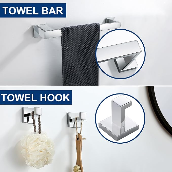 5 Pieces Bathroom Hardware Accessories Set Polished Chrome, 16Inch Bathroom Towel Rack Set SUS304 Stainless Steel, Square Bath Towel bar Set Heavy Duty, Wall Mounted