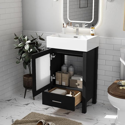 Merax 20 Inch Bathroom Vanity with Ceramic Sink and Ample Storage,Ideal for Small Bathrooms,Black