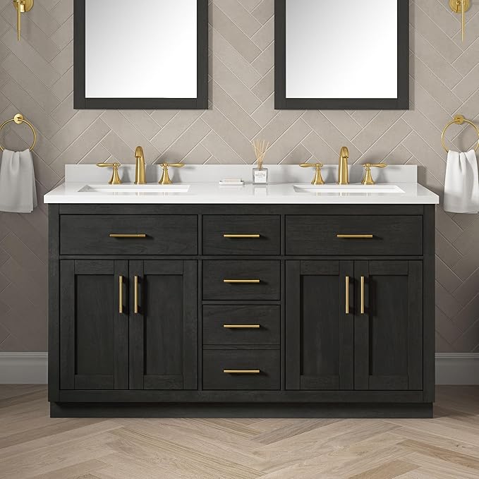 OVE Decors Bailey 60 in. Double Sink Freestanding Matte Black Wood Bathroom Vanity with White Quartz Top, Matching Backsplash and Power Bar