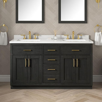 OVE Decors Bailey 60 in. Double Sink Freestanding Matte Black Wood Bathroom Vanity with White Quartz Top, Matching Backsplash and Power Bar