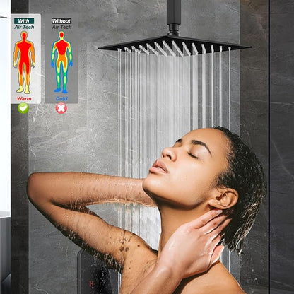 Heyalan 10-Inch Ceiling Mount Shower Faucet Set with Valve, Matte Black | Rainfall shower head, ceiling-mount design, SUS304 steel, adjustable angle, single-handle control