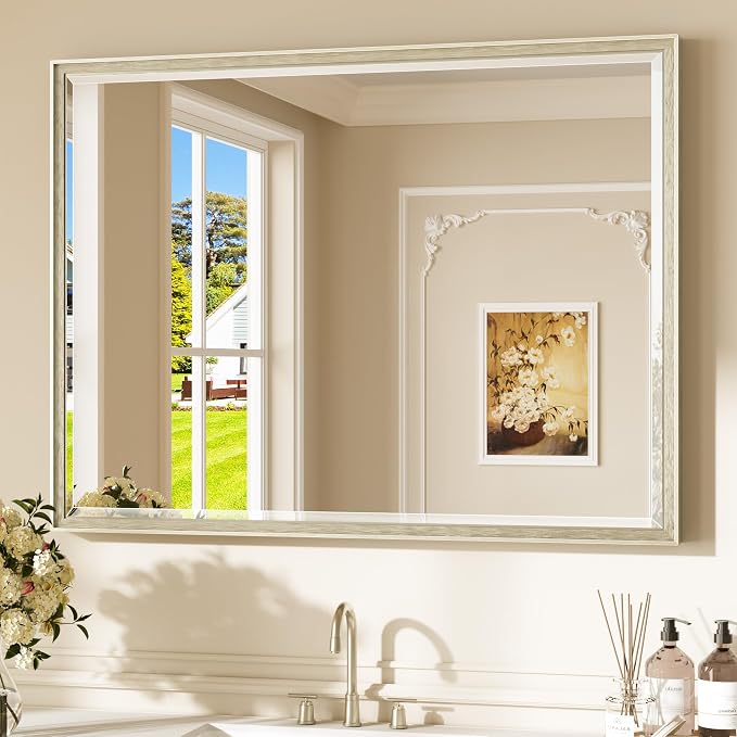 Keonjinn 40" x 30" Brushed Nickel Bathroom Vanity Mirror, HD Tempered Glass | Effortless French Cleat Installation, Aluminum Alloy Frame, Decorative Silver Wall Mirror for Living Room, Entryway, Bedroom