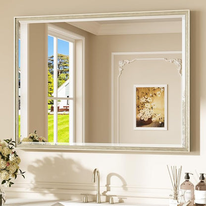 Keonjinn 40" x 30" Brushed Nickel Bathroom Vanity Mirror, HD Tempered Glass | Effortless French Cleat Installation, Aluminum Alloy Frame, Decorative Silver Wall Mirror for Living Room, Entryway, Bedroom