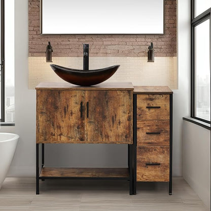 UEV 42" Rustic Brown Bathroom Vanity with Sink Combo,Industrial Iron Frame Bathroom Cabinet Sets with 3 Drawers Side Cabinet,Modern Brown Boat Tempered Glass Vessel Sink(029BR)