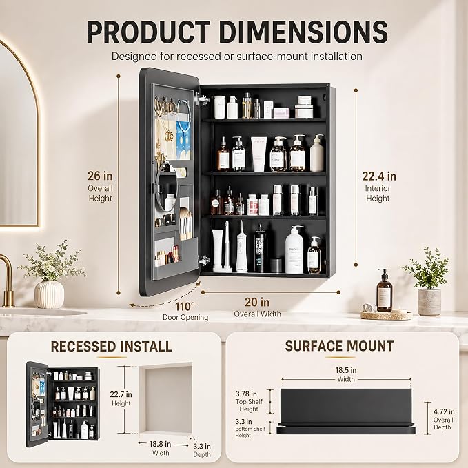 20x26 Black Medicine Cabinet Mirror, Recessed or Surface Mount | Built-in makeup organizer with lipstick slots, Brush holders and inner mirror; 3 adjustable shelves; Rustproof aluminum