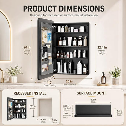 20x26 Black Medicine Cabinet Mirror, Recessed or Surface Mount | Built-in makeup organizer with lipstick slots, Brush holders and inner mirror; 3 adjustable shelves; Rustproof aluminum