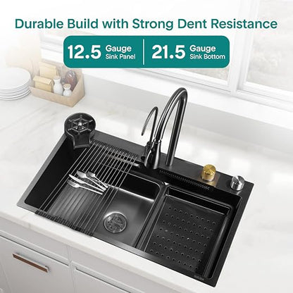 SereneLife Stainless Steel Kitchen Sink | Undermount & Drop-In Installation |13 Gauge & 30"L x 18"W x 9"H IN | Includes Faucet, Drain Rack, Strainer Basket, Cutting Board & Cup Washer | Black
