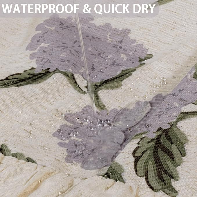 ORTIGIA Linen Textured Ruffle Shower Curtain with Metal Hooks, Vintage Purple Hydrangea Floral Boho Waterproof Bath Curtain for Rustic Farmhouse Bathroom Decor 72x72 Inch