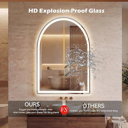 DUMOS 24"×36" LED Bathroom Mirror with Lights, Arched Vanity Mirror with Anti-Fog, Dimmable, 3-Color Light, Memory Function, Tempered Glass