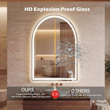 DUMOS 24"x36" LED Bathroom Mirror with Lights, Arched Vanity Mirror | Anti-Fog, Dimmable, 3-Color Light, Memory Function, Front Light and Backlit, Tempered Glass
