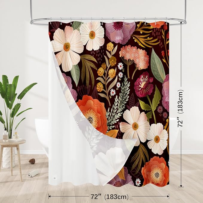 3 in 1 Boho Purple Shower Curtain Set with PEVA Liner & 12 Hooks, 72 x 72 | Boho Tropical Botanical Style, Farmhouse Floral Fabric, Modern Hotel Inspired, Water‑Repellent, Machine Washable