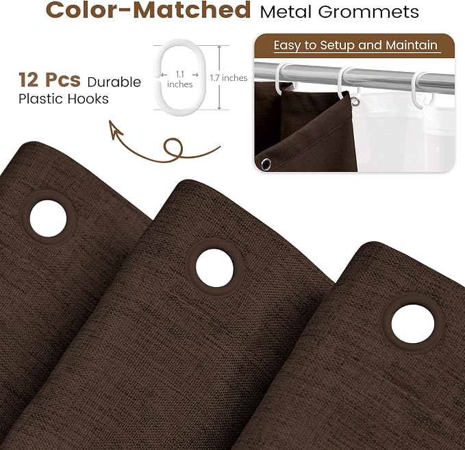 BTTN 3 in 1 Shower Curtain Set - 96 Inch Extra Long Linen Textured Cloth Shower Curtain Liner with Plastic Hooks and 3 Magnets, Tall Modern Hotel Waterproof Shower Curtain for Bathroom, Brown,72x96
