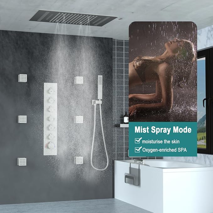 HOMEDEC LED Multi Functions Full Body Shower System with 6pcs Body Jets Spray with（Up/Down）Shower Spout, Large 3 In 1 Functions 14x20inch Showerhead, Rainfall Mist Shower Faucet Set, Brushed Nickel