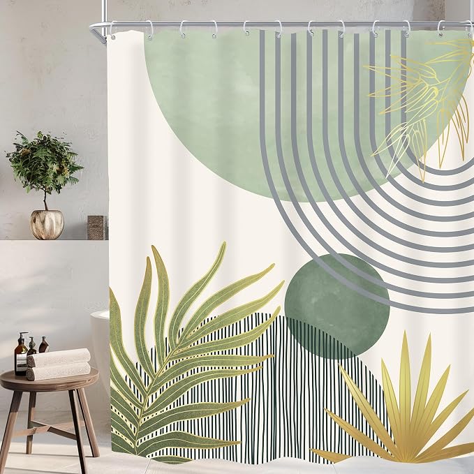 Mid Century Mint Green Boho Abstract Modern Bathroom Shower Curtain Set | 60Wx72L S Plant design, waterproof HD print with fast-drying fabric and 12 hooks.