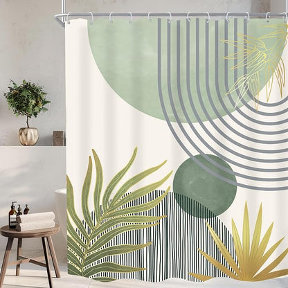 Mid Century Mint Green Boho Abstract Modern Bathroom Shower Curtain Set | 60Wx72L S Plant design, waterproof HD print with fast-drying fabric and 12 hooks.