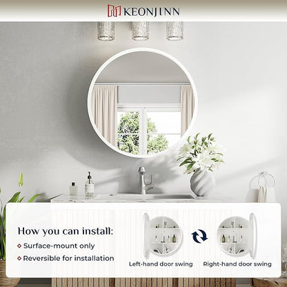 Keonjinn 20 Inch Round Medicine Cabinet with Mirror, White Surface Mount Only Mirror Medicine Cabinet, Modern Medicine Cabinets with Mirror, Metal Framed Bathroom Vanity Mirror with Storage