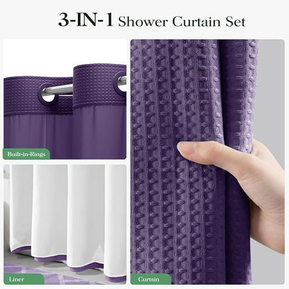 Purple Hook Free Waffle Shower Curtain & Snap Fabric Liner,72x75 | Less Time to install, 3 in 1 Fabric Shower Curtain and Liner Set with Magnets, Mesh Top Window, Shower Curtains for Bathroom