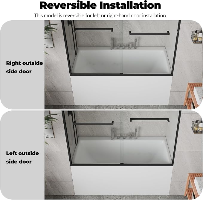 Double Sliding Tub Shower Door 56-60 Inch W× 59 Inch H Framed– Matte Black Aluminum Frame Bypass Door with 6mm Tempered Glass, Easy Clean Coating for Bathtub