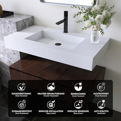 35'' Wall Mount Sink, Artificial Stone Bathroom Sink, Single Hole | Matte Bathroom Vanity Vessel Sinks, Rectanglee Indoor Modern Floating or Countertop Freestanding Wall Hang Sink Bowl