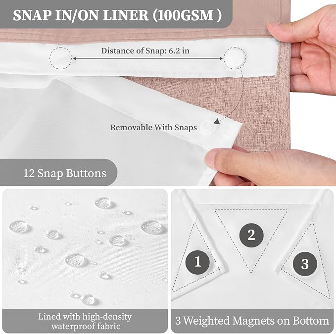 72x81 Ringless Linen Textured Shower Curtain with Snap in Liner, Blush | Tall Size, 3 in 1 Shower Curtain Set, Removable Liner, Waterproof & Washable, Mesh Top Window, Durable Fabric, Easy Setup