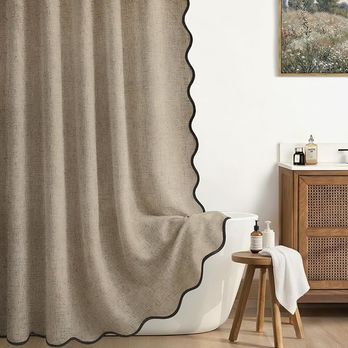 Scalloped Shower Curtain Linen Boho Flax Khaki 72" W x 72" L | Linen Fabric, Black Border, Washable, Heavy Duty Cloth, Shower Curtain for Boho Farmhouse Bathroom Bathtub